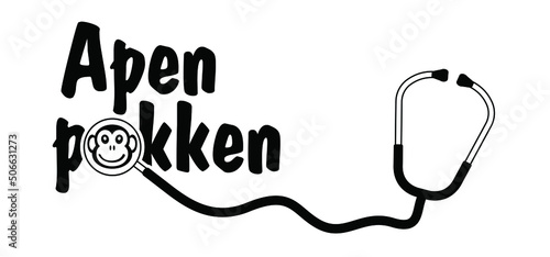 Cartoon slogan monkey virus or monkeypox to translate in Dutch apenpokken. The virus belongs to the genus Orthopoxvirus in the family Poxviridae. infectious disease. Ape face.. Vector monkey pox icon.