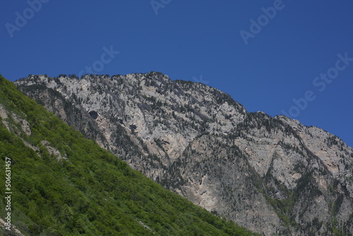 Caucasian mountains in sunny weather, green dense forests on the mountains and snowy peaks of the old high mountains of Georgia