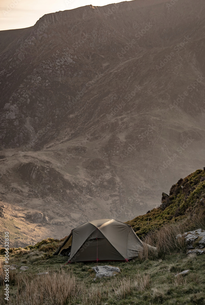 A wild camping tent in the mountains of Wales UK