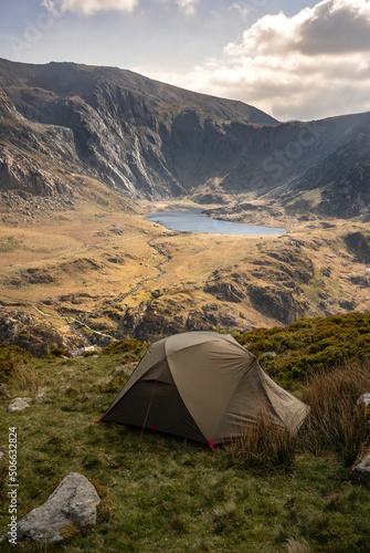 A wild camping tent in the mountains of Snowdonia in Wales UK