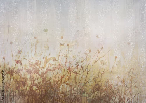 Obraz łąka z motylami na teksturowym tle