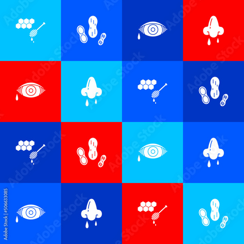 Set Honeycomb with honey dipper, Peanut, Reddish eye allergic conjunctivitis and Runny nose icon. Vector