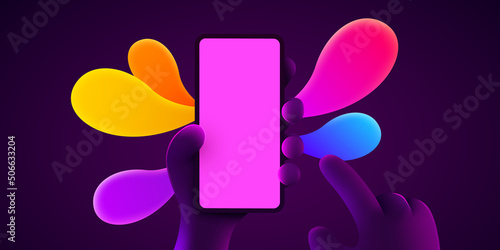 Cute cartoon hand holding mobile smart phone. Phone mockup. Color explosion. Touching screen with finger.