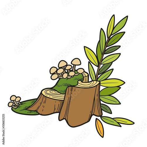 Stump with parasitic overgrowth toadstools and moss  color variation for coloring page isolated on white background