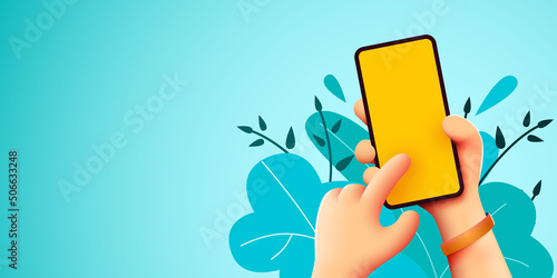 Holding phone in two hands. Phone mockup. Editable smartphone template. Touching screen with finger.