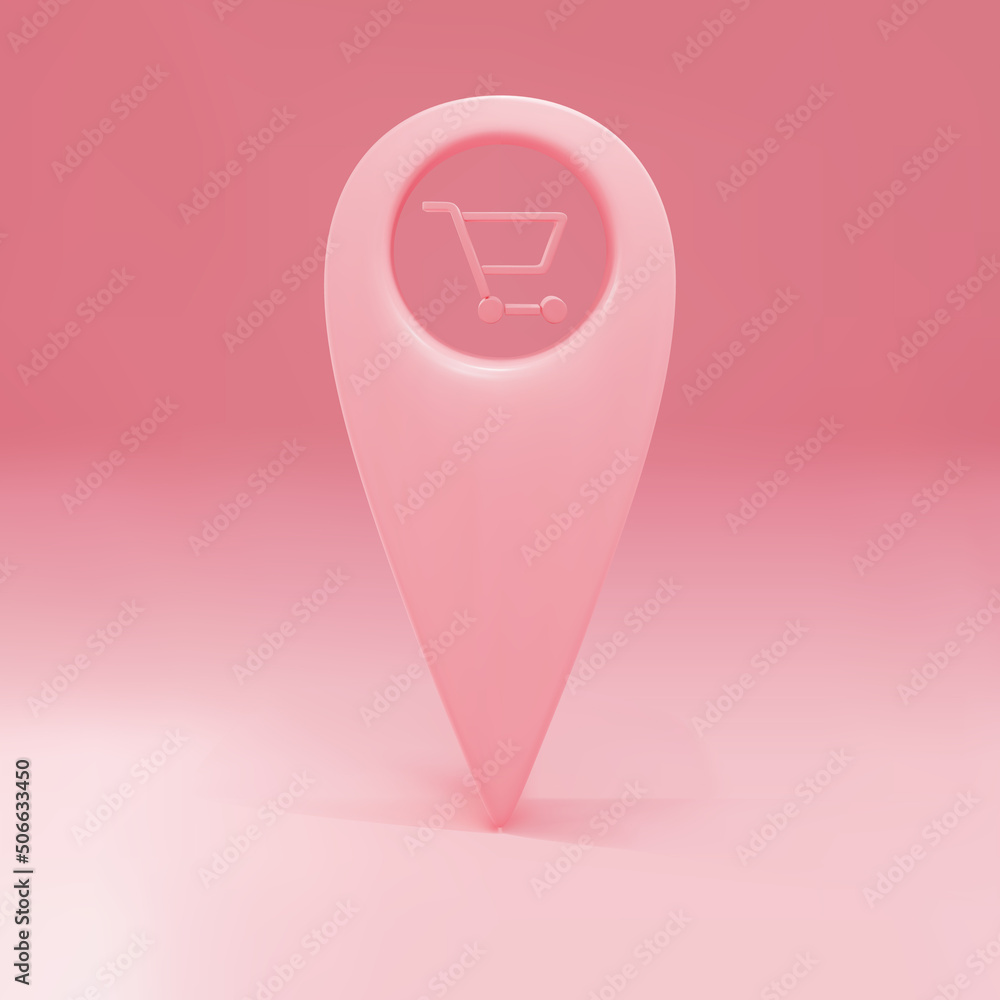 3d Pointer with shopping cart icon isolated on red background. shop and shopping. Supermarket basket symbol. Vector illustration.