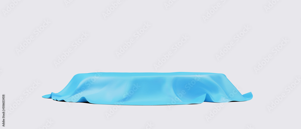 3d podium is covered with a piece of blue fabric on a gray background. Vector illustration. 3d podium is covered with a piece of blue fabric on a gray background. Vector illustration.
