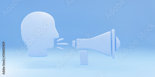 3d Blue Man megaphone shouting icon isolated on blue background. Vector illustration.