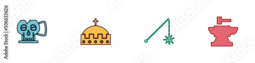 Set Cup from the skull, King crown, Medieval chained mace ball and Anvil for blacksmithing hammer icon. Vector