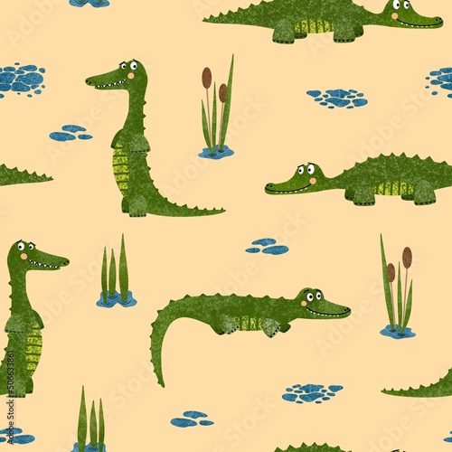 Crocodile seamless pattern. Textured hand drawn illustration with cute wild animals  water and plants on light background. Great for children   s clothes wallpaper  wrapping and decoration.