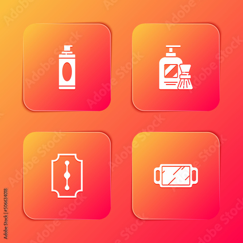 Set Shaving gel foam, and brush, Blade razor and Hand mirror icon. Vector