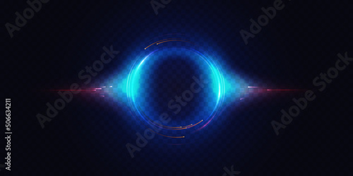 Vector Glow of circular round element, abstract radial motion lines, swirl flare, particles and bright energy rays on dark transparent background. Neon luminous circle, black hole light effect.