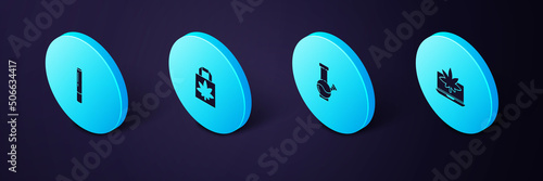 Set Isometric Laptop and marijuana or cannabis, Glass bong for smoking, Shopping paper bag of and Marijuana joint icon. Vector