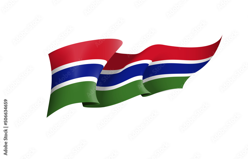Gambia flag state symbol isolated on background national banner. Greeting card National Independence Day of the Republic of The Gambia. Illustration banner with realistic state flag. Gambia flag state symbol isolated on background national banner. Greeting card National Independence Day of the Republic of The Gambia. Illustration banner with realistic state flag.