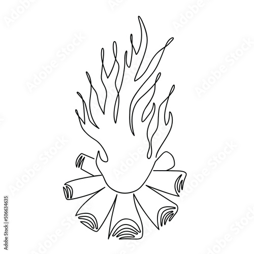 The bonfire is drawn in one line isolated on a white background. Stock vector illustration