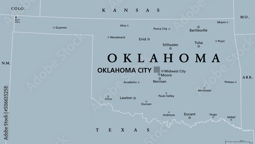 Oklahoma, OK, gray political map, with capital Oklahoma City and the most important cities. US State in the South Central region, nicknamed Native America, Land of the Red Man, or Sooner State. Vector