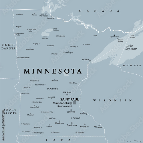 Minnesota, MN, gray political map with capital Saint Paul and metropolitan area Minneapolis. State in upper Midwestern United States. Nicknamed Land of 10,000 Lakes, North Star State and Gopher State.