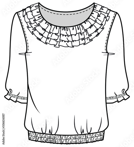 women three quarter gathered sleeve blouse with ruffle, tier details fashion flat sketch vector illustration