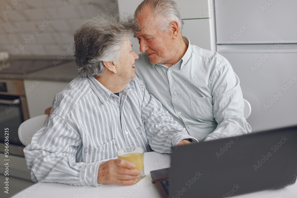 Elegant old couple sitting at home and using a laptop Elegant old couple sitting at home and using a laptop