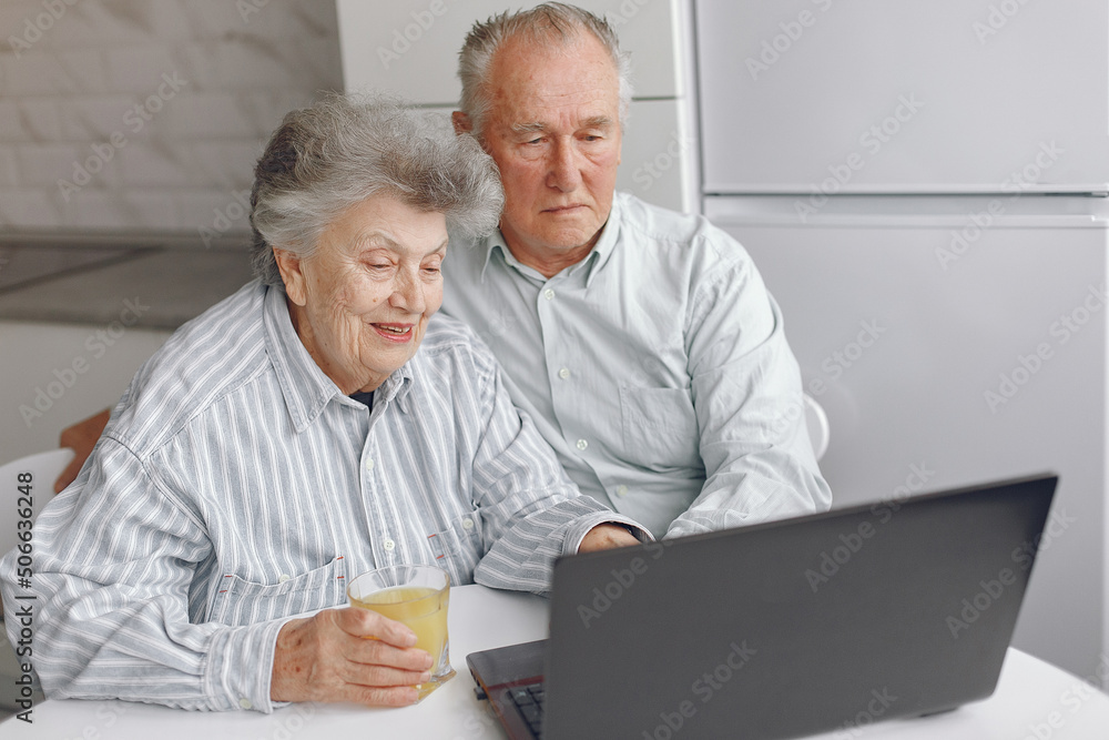 Elegant old couple sitting at home and using a laptop Elegant old couple sitting at home and using a laptop