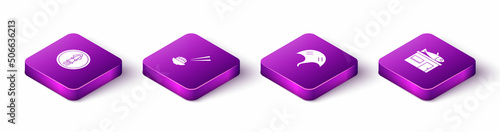 Set Isometric Octopus on a plate, Sushi, Stingray and Seafood store icon. Vector