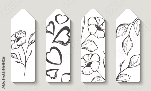 Bookmarks with flowers, leaves and hearts . Bookstore label or flyer.  Vector illustration.
