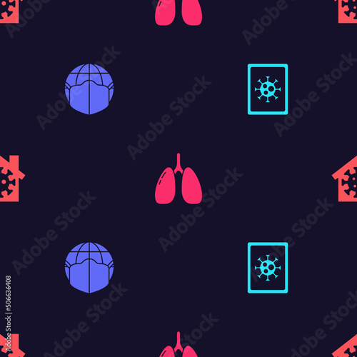Set Virus statistics on monitor, Earth with medical mask, Lungs and Stay home on seamless pattern. Vector