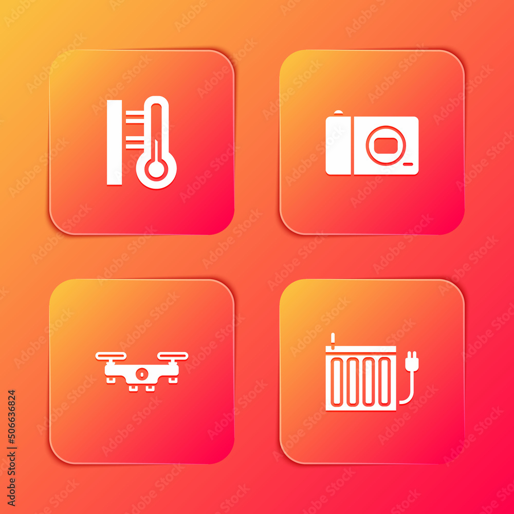 Set Meteorology thermometer, Photo camera, Drone flying and Heating radiator icon. Vector Set Meteorology thermometer, Photo camera, Drone flying and Heating radiator icon. Vector