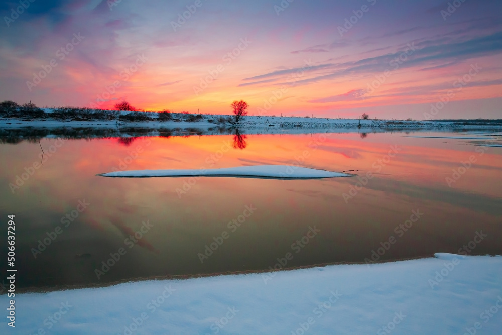 River. Winter sunset