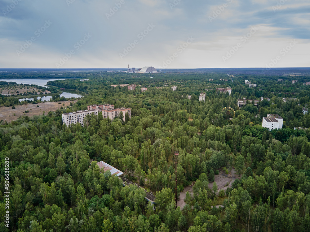 Aerial view of Chernobyl Ukraine exclusion zone Zone of high radioactivity, Ruins of abandoned ghost town Pripyat city, Ruins of buildings.