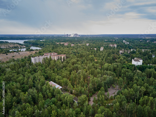 Aerial view of Chernobyl Ukraine exclusion zone Zone of high radioactivity, Ruins of abandoned ghost town Pripyat city, Ruins of buildings. © bondarillia