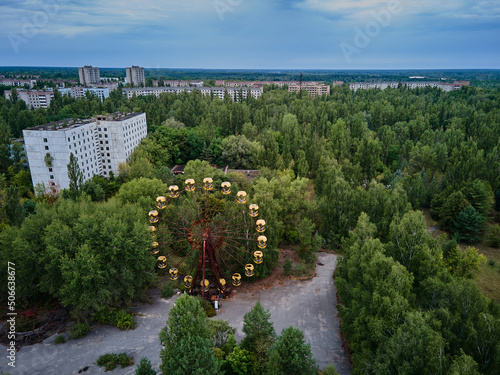 Photos Aerial view of old abandoned Ferris wheel in the amusement park in the ghost town Pripyat Ukraine