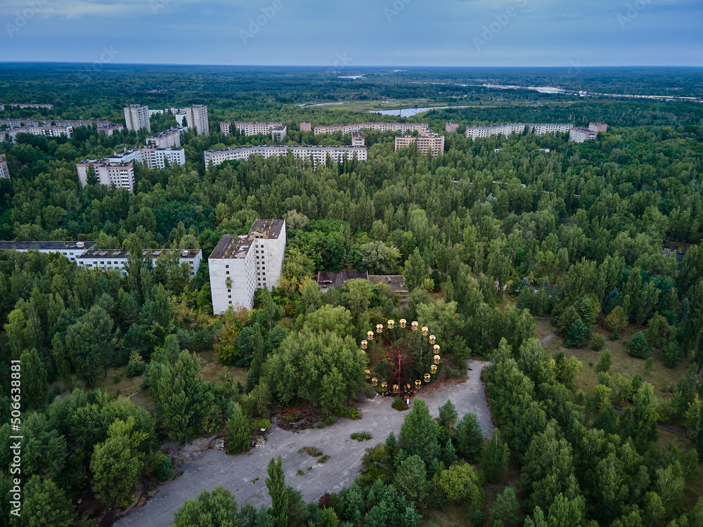 Aerial view of Chernobyl Ukraine exclusion zone Zone of high radioactivity, Ruins of abandoned ghost town Pripyat city, Ruins of buildings. Aerial view of Chernobyl Ukraine exclusion zone Zone of high radioactivity, Ruins of abandoned ghost town Pripyat city, Ruins of buildings.