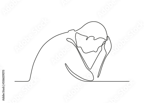 Sad man in problem, anxiety and stress, continuous one line art drawing. Mental health disorder, depression, tired. Male holds his head from failure, trouble, hopelessness. Vector illustration