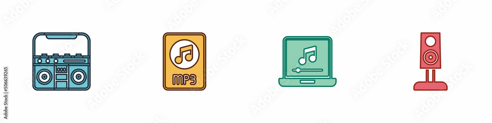 Set Home stereo with speakers, MP3 file document, Laptop music note and Stereo icon. Vector Set Home stereo with speakers, MP3 file document, Laptop music note and Stereo icon. Vector