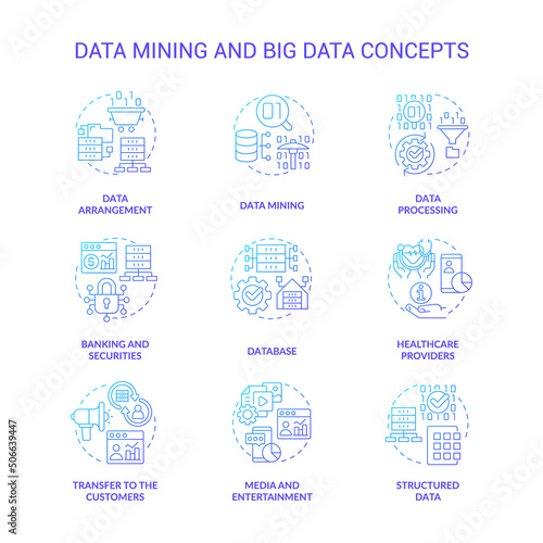 Data mining and big data blue gradient concept icons set. Database analysis idea thin line color illustrations. Arrangement, processing. Isolated symbols. Roboto-Medium, Myriad Pro-Bold fonts used