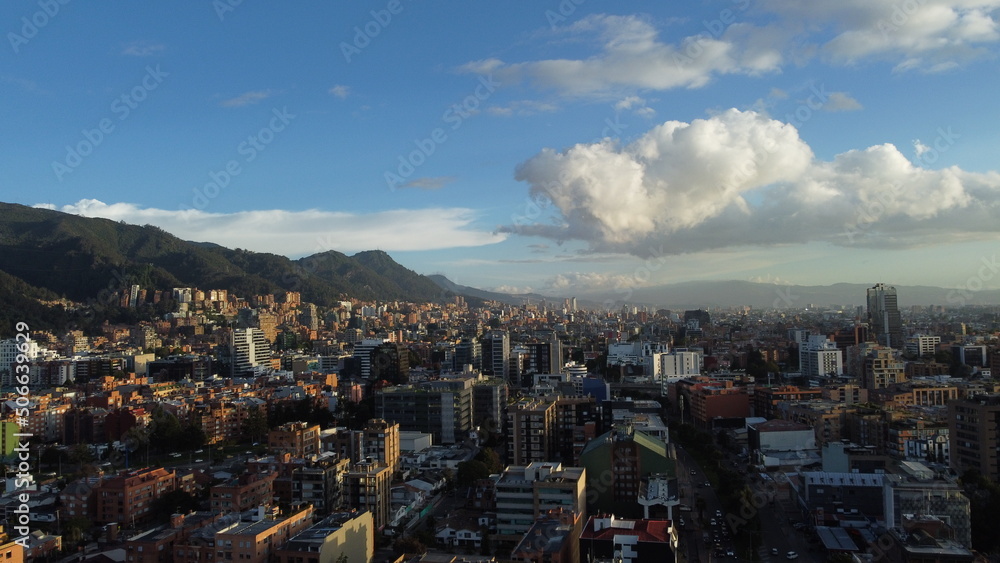 Aerial view of the Capital city of Bogota, Colombia, view looking south towards the downtown district