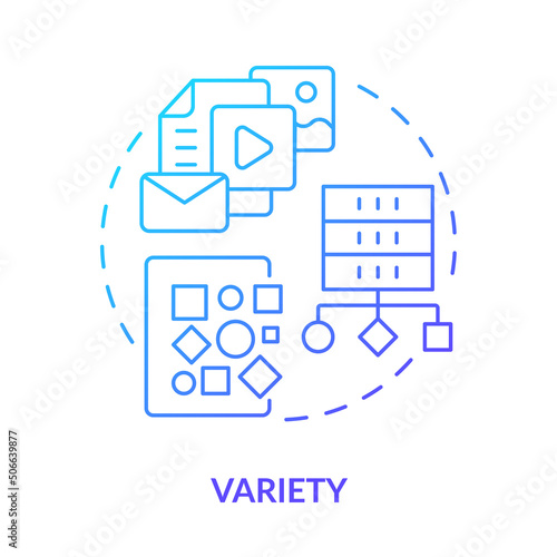 Variety blue gradient concept icon. Big data characteristic abstract idea thin line illustration. Source and nature of unstructured data. Isolated outline drawing. Myriad Pro-Bold font used