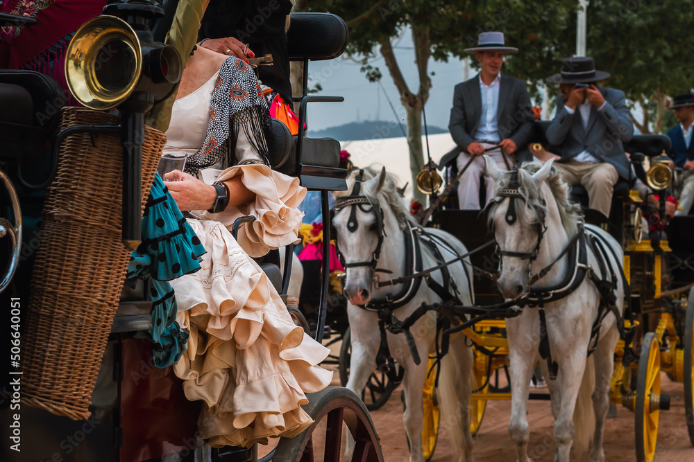 Naklejka premium Córdoba, Spain, May 21 2022 - Carriage and horses at the cordoba fair 2022