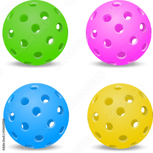 Illustration of a set of four colored pickleballs.. photo