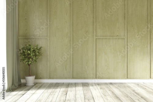 Green wooden empty room with home plant. Scandinavian interior design. 3D illustration