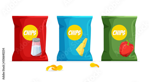 Potato chips package design set. Crisps packaging template with different flavors and colors. Foil bags isolated on white background. Advertasing concept. 