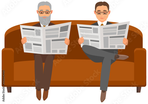 Serious man sits in chair and reads newspaper. Rest and relax of successful person in cozy room. Adult businessman in armchair with newspaper. Interior design of modern living room of house or hotel