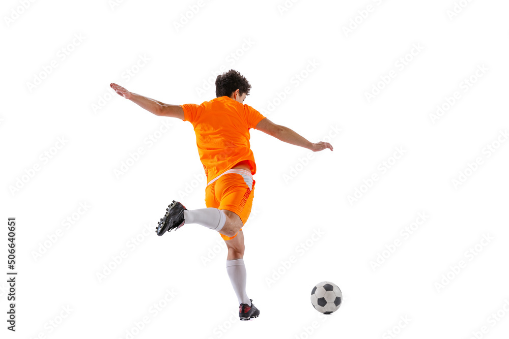 Professional football, soccer player in motion isolated on white studio background. Concept of sport, match, active lifestyle, goal and hobby