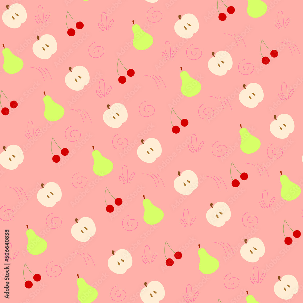 Pink fruit pattern. Pattern with cherry, apple and pear. Pink background. Beautiful fruit wallpaper. Pink wallpaper. Wallpaper with fruits. Illustration with apples, pears and cherries Pink fruit pattern. Pattern with cherry, apple and pear. Pink background. Beautiful fruit wallpaper. Pink wallpaper. Wallpaper with fruits. Illustration with apples, pears and cherries