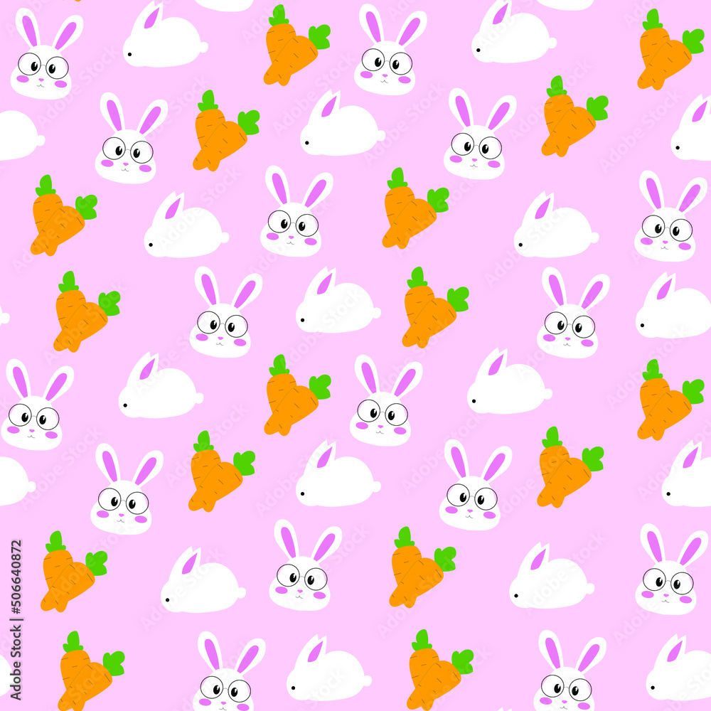 A pattern with rabbits and carrots on a pink background. Cute rabbits. Rabbit pattern. Carrot pattern. Orange carrot. Illustration with rabbits and carrots. Rabbits