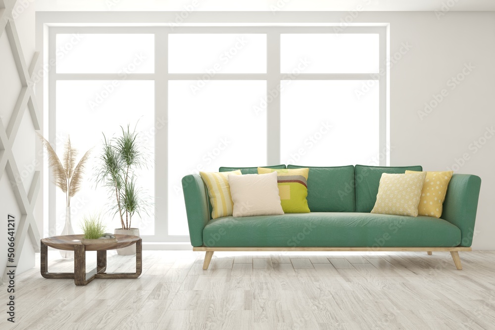 Fototapeta premium White living room with sofa. Scandinavian interior design. 3D illustration