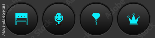 Set BBQ brazier, Microphone, Balloons in form of heart and Crown icon. Vector
