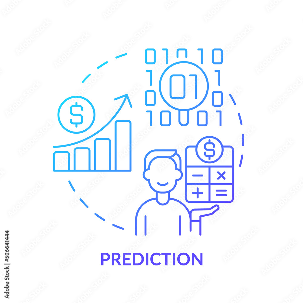 Prediction blue gradient concept icon. Data mining technique abstract idea thin line illustration. Statistical method. Predictive tool. Isolated outline drawing. Myriad Pro-Bold font used Prediction blue gradient concept icon. Data mining technique abstract idea thin line illustration. Statistical method. Predictive tool. Isolated outline drawing. Myriad Pro-Bold font used