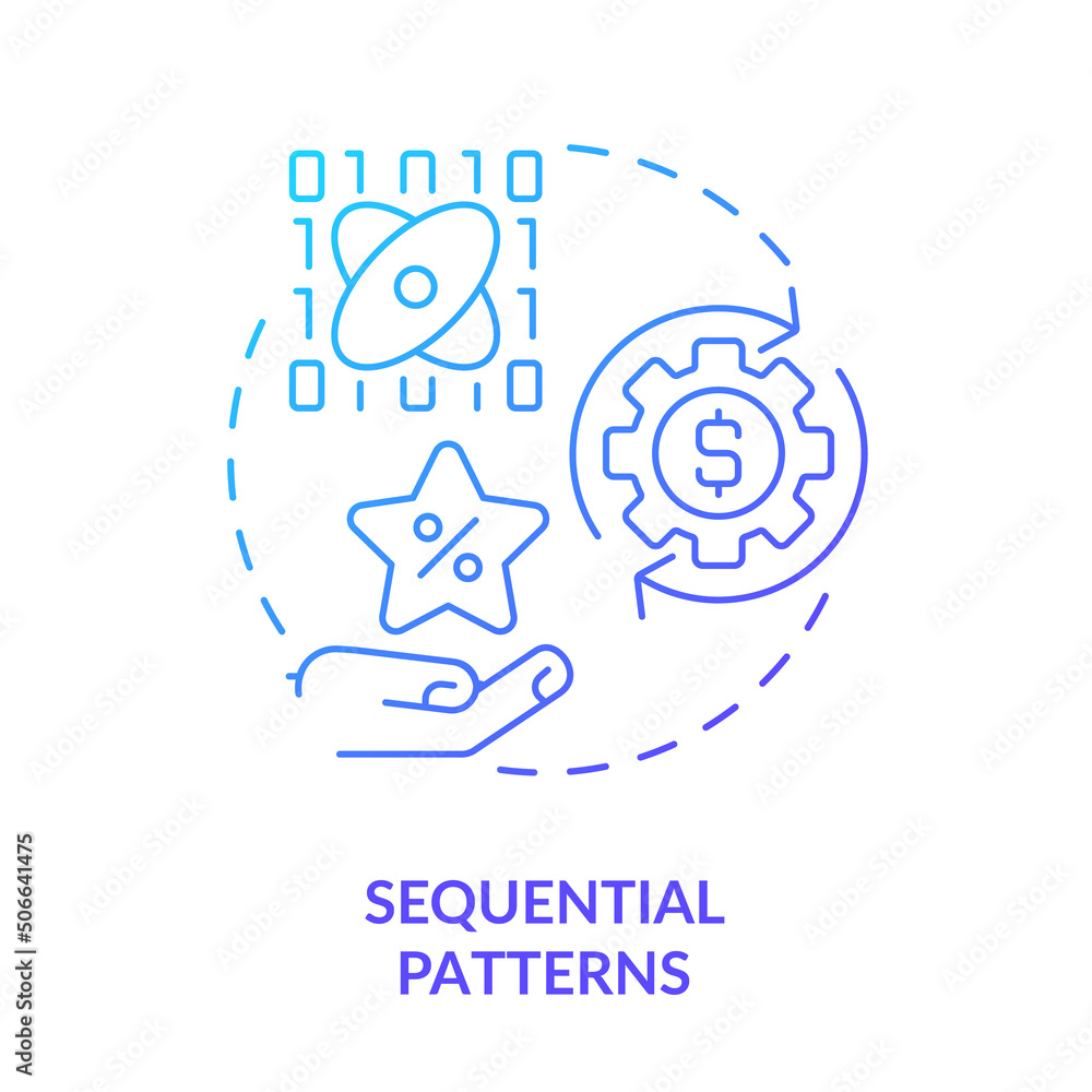 Sequential patterns blue gradient concept icon. Data mining technique abstract idea thin line illustration. Analyzing users behavior. Isolated outline drawing. Myriad Pro-Bold font used Sequential patterns blue gradient concept icon. Data mining technique abstract idea thin line illustration. Analyzing users behavior. Isolated outline drawing. Myriad Pro-Bold font used